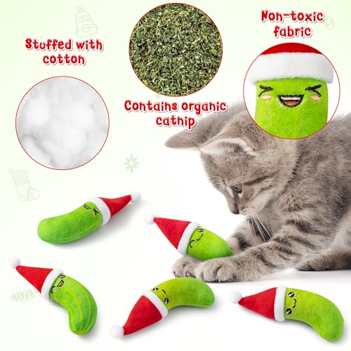 MALLMALL6 Catnip Toys for Cat - 5Pcs Christmas Pickle Catmint Interactive Cat Toy for Indoor Cats, Soft Santa Hat Kitten Supplies, Kitten Teething Chew Toy Set, Pet Xmas Gifts for Kitty Lover - style: Christmas Pickle