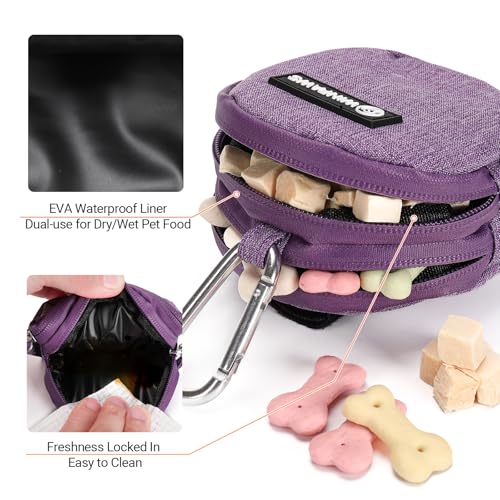 Dog Poop Bag Holder for Leashes- Dog Treat Pouch with Waterproof Zipper,Puppy Training Small Bag with Carabiner & Bungee Toggle,Two Pockets for Dry or Wet Treats-Pet Travel Walking Essentials (Purple) - color: Purple