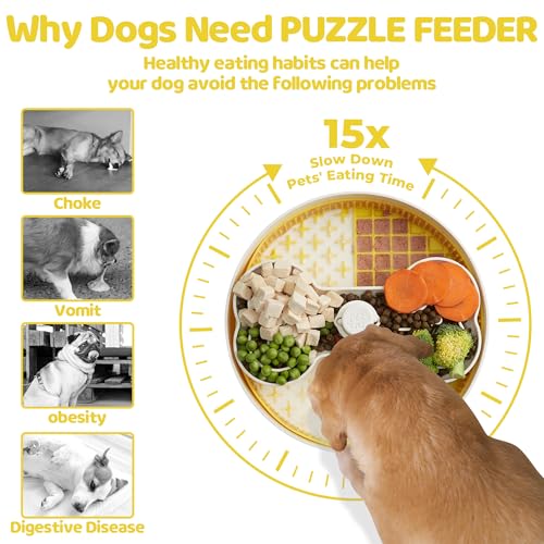 Puzzle Feeder Slow Feeder Dog Bowl with Lick Mat and Puzzle Inserts - Non-Slip Base, Adjustable Speed Design, Dishwasher Safe for Large Dogs,Yellow - color: Wheat-Yellow, size: L