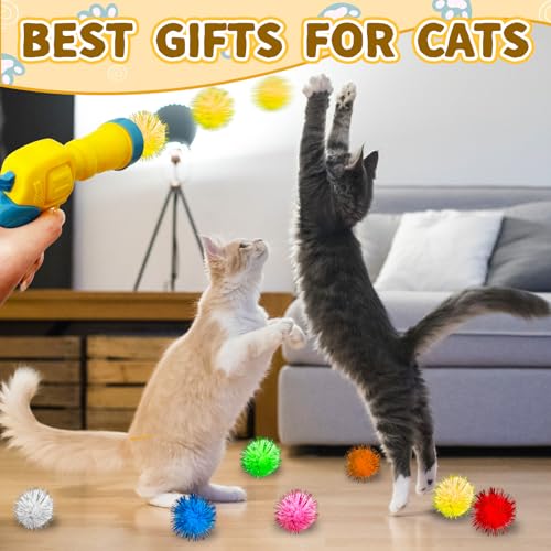 2 Cat Toy Launchers & 100 Glitter Cat Pom Pom Balls - color: Glitter