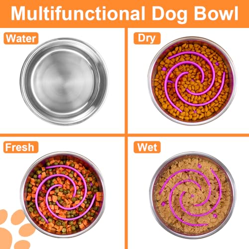2-in-1 Metal Dog Bowl with Slow Feeder Insert, Stainless Steel Dog Bowls Food Grade 304, Water Food Bowl with Anti-Slip Silicone Base for Small, Medium, Large Dogs - color: Purple, size: 5 Cups