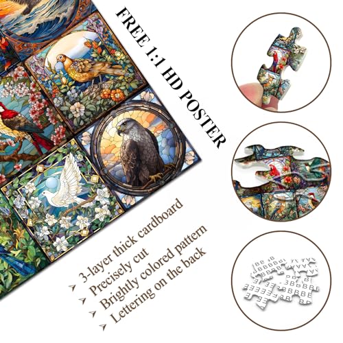 Stained Glass Puzzles for Adults 1000 Pieces, Bird Puzzles for Adults Flower with Cardinal Bird Parrot Hummingbird, Impossible Hard Challenging Jigsaw Puzzles - style: Stained Glass Bird Collection