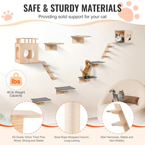 VEVOR Wall Mounted Cat Shelves, Cat Wall Shelves and Perches with Jumping Boards, Cat Beds, Hammocks & Cat Tree, Cat Furniture and Shelves up to 40 lbs for Sleeping, Playing, Climbing, Set of 9 - size: Set of 9, style: Free