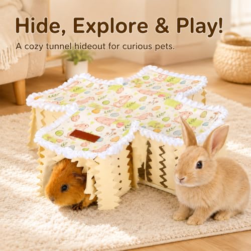 Guinea Pig Hideout Tunnel - Bunny Hideout, Machine Washable Guinea Pig Hide Tent Houses & Habitats,Guinea Pig Accessories for Hamster/Chinchilla/Dwarf Rabbit-Playing Resting(Rabbit) - color: beige