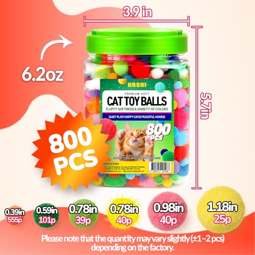 HA SHI 800pc Cat Pom Pom Balls in Jar - 0.4-1.2in Soft Quiet Cat Toys - color: 800pcs