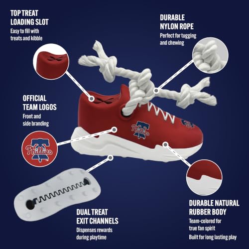 Pets First MLB Philadelphia Phillies Cleat Sneaker Spike Dog Toy, Baseball Treat Dispenser Chew Toy for Dogs, Interactive Rope Tug Toy, Slow Feeder Natural Rubber Dog Toy with Official Team Logo - color: Philadelphia Phillies