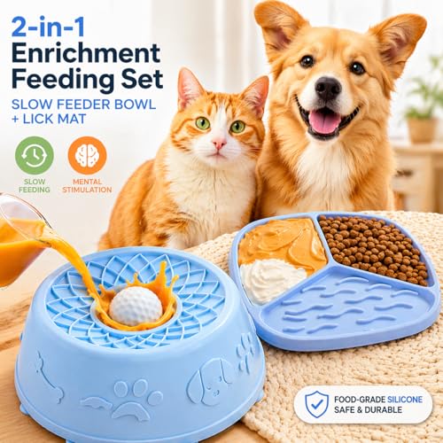 Slow Feeder Dog Bowls with Rolling Ball & Lick Mat for Dogs, Interactive Dog Enrichment Toy, Anti-Slip Puzzle Feeder for Yogurt, Bone Broth & Wet Food, Slow Eating Bowl for Small, Medium & Large Dogs - color: Light Blue