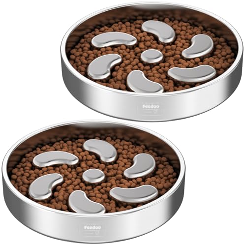 Feedoo Slow Feeder Dog Bowl-3Cups for Large Breeds, Double Wall Food-Grade Stainless Steel, Heavy Duty with Non-Slip Rubber Base, Puzzle Maze Bowl to Slow Down Eating [2Pack] - color: Spiral-2Pack, size: L 3~3.5Cups