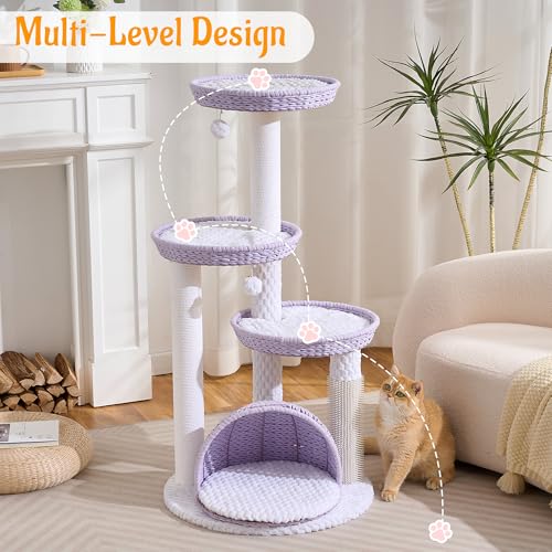 HITTITE Modern Cat Tree Tower with Scratching Post, 46 Inches Tall Cat Towers with Woven Cat Nests and Cave, Multi-Level Cat Tree With Removable Cushions and Massage Brush for Indoor Cats Large Adult. - color: 46"-Purple