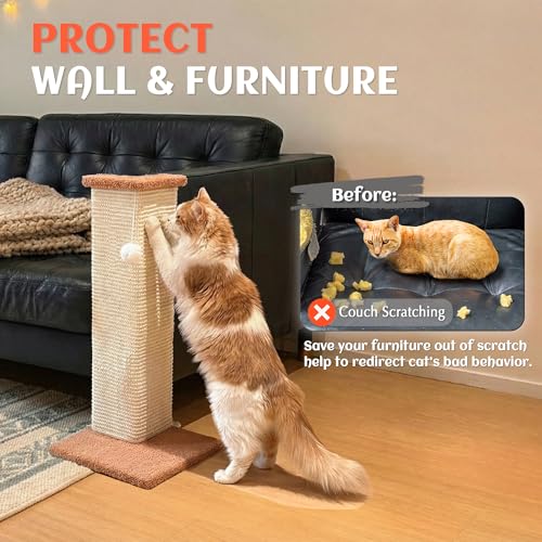 PETKARAY Couch Corner Cat Scratcher, 22.5" Sisal Scratching Post for Indoor Cats, Corner Wall Scratch Pad for Furniture Protection, Plush Base, Medium - size: Medium