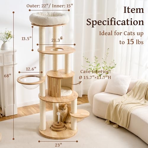 Solid Wood Cat Tree Tower with Scratching Post, 67 Inches Tall Cat Towers with Capsule and Condo, Modern Cat Tower with Rotating Ball Toy and Removable Top Bed for Indoor Cats - color: 67 inch-Condo
