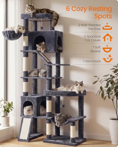 Feandrea Large Cat Tree, 79.5" Tall Sturdy Cat Tower for Indoor, Dark Gray - color: Dark Gray, size: 41.3"L x 17.7"W x 79.5"H