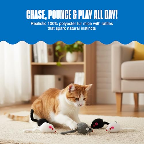 Penn-Plax Play Fur Mice Cat Toys - 12 Pack - Exercise & Hunting - Black