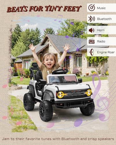 First Ride On Ford Bronco Raptor 12V Toddler Ride on Toys, Safe Kids Ride on Truck with Remote Control, Children Electric Cars with 4 Wheels Suspension, Radio, Music, Bluetooth (12V, White) - color: White, style: 12V