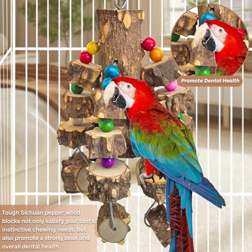 PINVNBY Large Bird Parrot Toys, Natural Wooden Blocks Chew Toy, Durable Cage Bite for African Grey Cockatoo Macaws Cockatiels Eclectus Large Medium Parrots (Small Size, Wire Link) - size: B: Wire Link, Pepper Wood