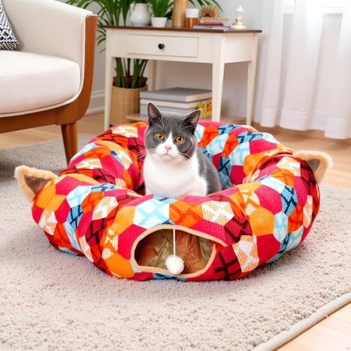 AUOON Cat Donut Tunnel with Bed for Kitten Puppy Rabbit Ferret, Orange - color: Orange