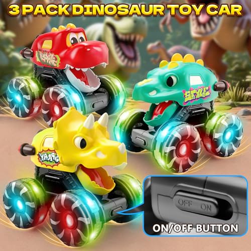 Intoypad 3 Pack Dinosaur Monster Truck Car Toys Light-Up Press & Go Toy Car - color: 3 Pack