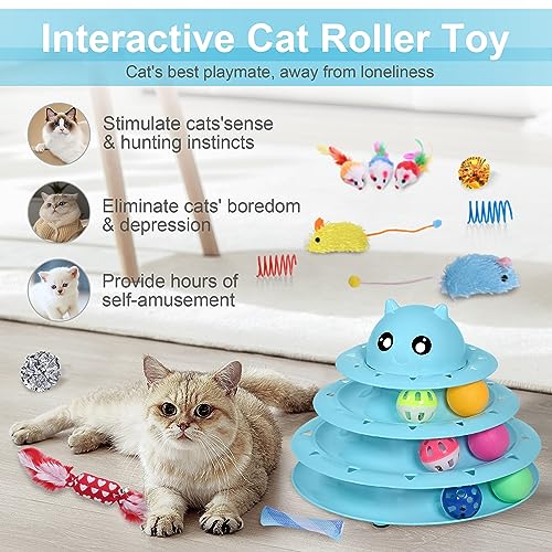 UPSKY 24 PCS Cat Toys Set with Teaser, Mice, Spring, and Various Ball Toys - color: D-Blue