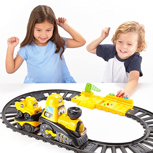 CAT Construction Toys, Power Track Friends Preschool Train Set, 8 Pieces of Easy-to-Assemble Track, Light & Sounds, Motorized Train & Car Carrier, Develops Fine Motor Skills - style: Construction Buddies Train Set