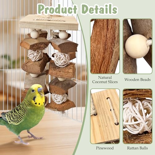 PINVNBY Bird Toys Parrot Toys, Natural Wood Bird Chewing Toys, Parakeet Hanging Toys for African Grey Macaws Cockatoos Eclectus Small and Medium Parrots(with Coconut Shell) - size: D: With Coconut Shell