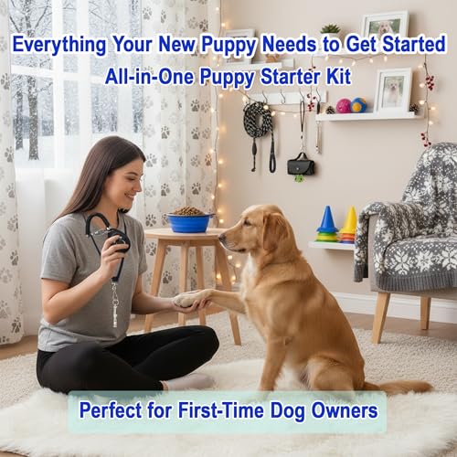 Puppy Starter Kit for New Dog Owners, 5-Piece Dog Starter Set with Reflective Leash, Clicker, Whistle, Collapsible Slow Feeder Bowl and Poop Bag Holder, Essentials for Daily Walks and Training