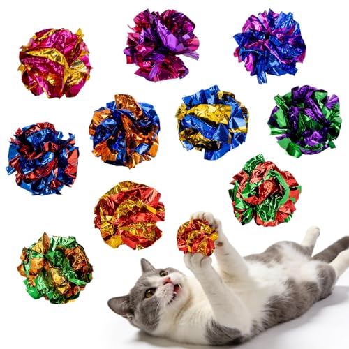 RAINFLOW 10 Pcs Multicolor Crinkle Balls for Cats - Mylar Cat Toy Balls