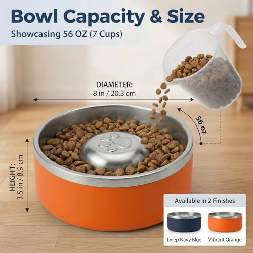 Stainless Steel Slow Feeder Dog Bowl, Heavy Duty Thickened Metal Dog Bowl, Non-Slip Base, Dishwasher Safe, Anti Gulping Feeding Bowl for Small to Medium Dogs & Cats, 56 oz, (Orange) - color: Orange