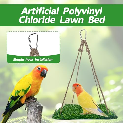 Square Artificial Grass Bird Foraging Mat, 10" x 10" Hanging Perch Platform, Bird Cage Accessories for Parakeets, Cockatiels, Budgies, Bearded Dragons & Small Pets