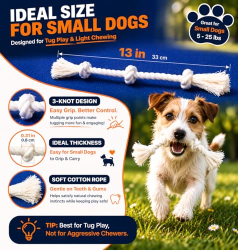 2-Pack 13" 3-Knot Dog Rope Toys for Puppies & Small to Medium Dogs, Natural Cotton Tug Toys for Interactive Indoor & Outdoor Play, Fetch, Teeth Cleaning, Training, Light Chewers, Washable, White - style: 3 Knots