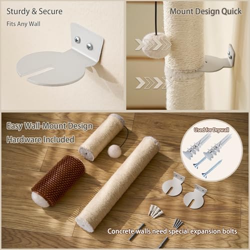 Wall Mounted Cat Scratcher, 34” Extra-Tall Vertical Sisal Scratching Post for Large Cats, Space-Saving Wall Cat Scratcher with Self Grooming Brush & Hanging Ball, Beige