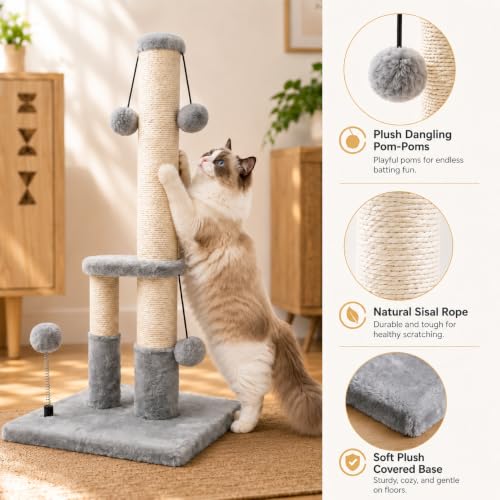 Dimaka Tall Cat Scratching Post, Double Lower Posts Extra Stable Cat Post Tree Scratcher with Sisal Rope and Teasing 4 Balls Total Large Base (Grey) - color: Grey