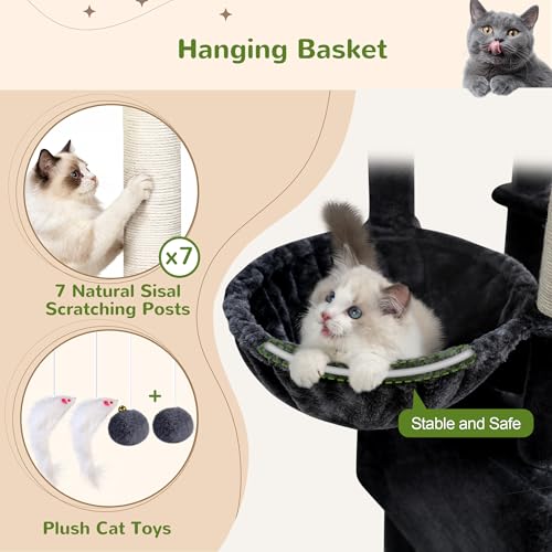 Globlazer 83 Inch Cat Tree Tower for Large Cats, Big Cat Tree for Multi-Cat Household with 2 Condos, 7 Sisal Posts, 2 Perches and Hammock, Sturdy Tall Kitten Activity Center, S83, Dark Gray - color: Dark Gray, size: 83 Inch