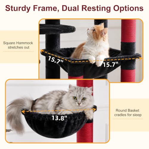 Heybly Cat Tree, 76-Inch Tall Heavy Duty Cat Tower for Big Cats HCT039BR - color: Black and Red, size: 76.8 inch