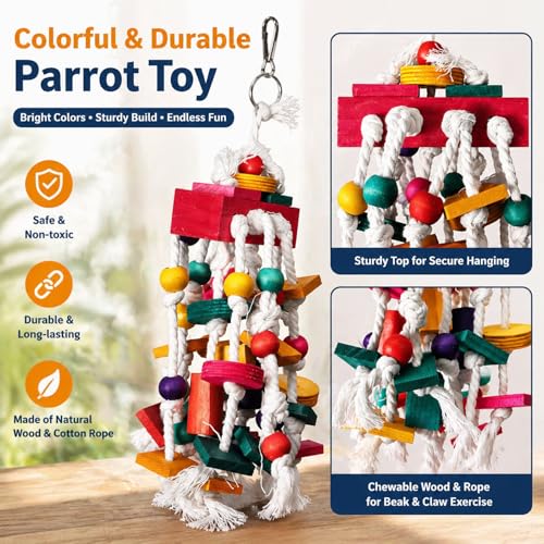 Rypet Large Parrot Cage Toy, Wood Rope Bite Toy for Cockatiels Conures - color: Colorful1