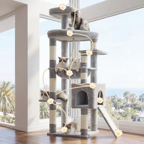 Heybly 64.2" Heavy-Duty Cat Tree for Large Cats with Wide Base HCT027W - color: Light Gray, size: 64.2 inch
