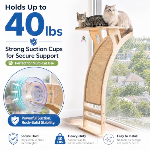 Cat Window Perch with Scratcher Ramp, 48-Inch Tall Wooden Climbing Tree - size: Medium