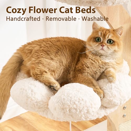Aesthetic Flower Cat Tree Tower with Scratching Post for Indoor Cats, 48" Modern Cat Tree with Wood Sculpted Branch, Flower Cat Beds, Scratching Board & Interactive Squeaky Toy, Creamy White - color: 48"-Creamy White