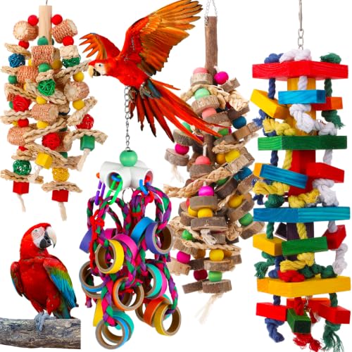 Soulchen 4 Pcs Extra Large Bird Parrot Toy Set, Natural Wooden Chewing Toy - style: Wooden Block