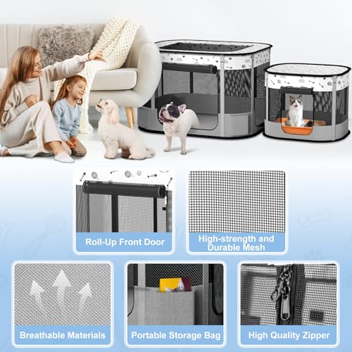 Portable Cat Playpen, Foldable Pet Dog Playpen, Kitten Puppy Play Pen - color: Grey