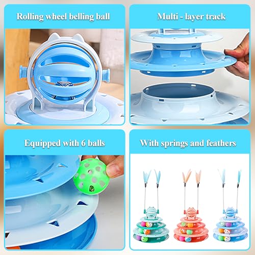 Vealind Cat Toy Roller 4-Level Turntable Cat Toys Balls with 14 Pcs Colorful Pom Pom Balls Interactive Fun Mental Physical Exercise Puzzle Kitten Toys (Blue) - color: Blue