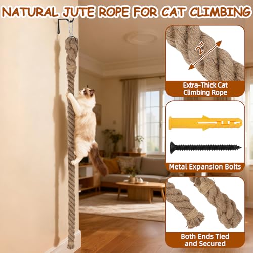 2" x 4.92Ft Cat Climbing Jute Rope with Hook for Wall Mounting - size: 59 IN(1.5M)