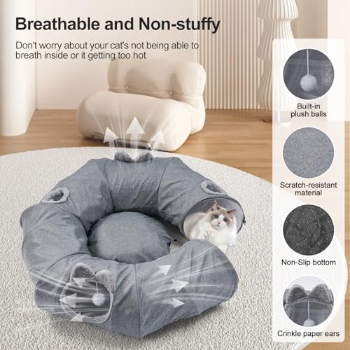 Odoland Linen Cat Tunnels & Central Cat Bed with 9 Interactive Cat Toys - color: Linen Cool Gray