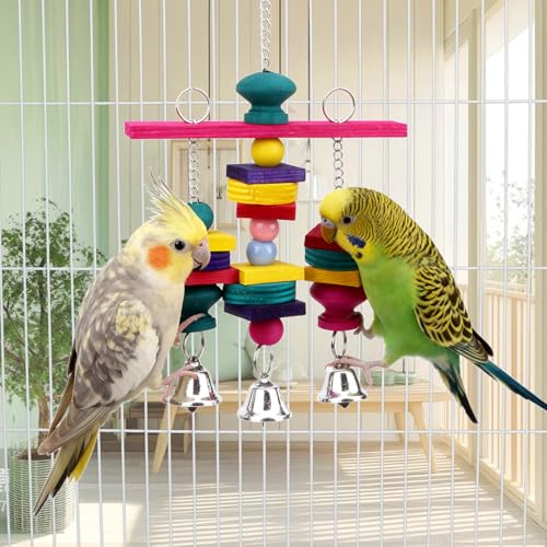 Hypeety Wooden Blocks Bird Chew Toys Natural Hanging Chewing Toy with Bells - color: Wooden Hanging Swing