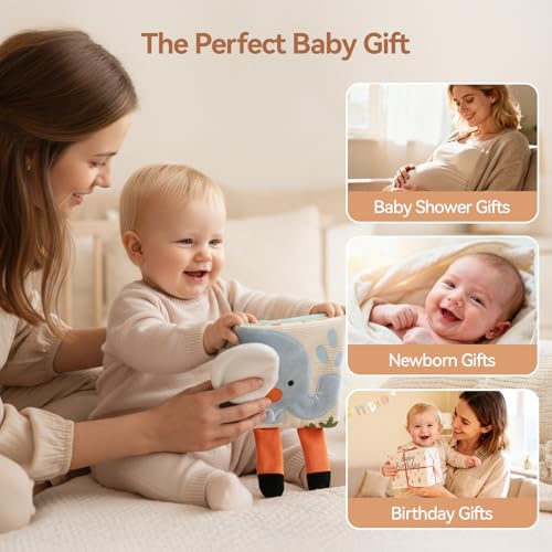 Macabaka Montessori Soft Baby Book - Sensory Book for Babies 0-12 Months with Crinkle Paper, Touch & Feel Textures, Baby Safe Mirror & Teether. Educational Infant Toys for Tummy Time, Newborn
