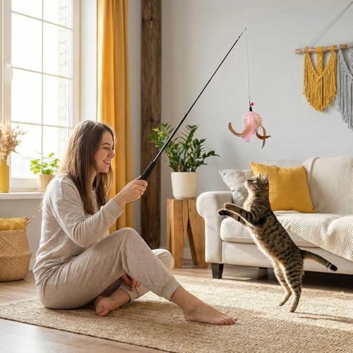 Octopus Cat Wand Toy Blue, Interactive Cat Toy Kit: Fun Wand Toy with Retractable Wand & 3 Feather Refills, Cat Feather Toy for Play Chase Exercise