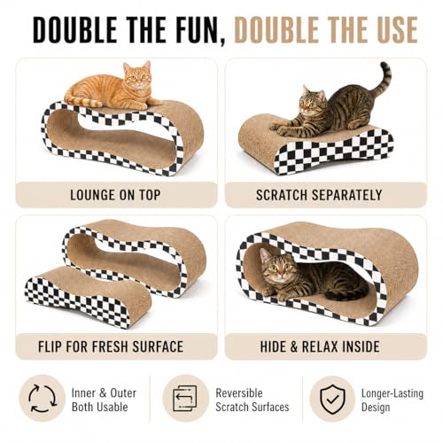 2 in 1 Large Cardboard Cat Scratcher Lounger, Cat Scratching Board for Indoor Cats, 100% Recyclable & Reversible Horizontal Scratching Pads Prevents Furniture Damage, Checkerboard - color: 2 IN 1 Large Checkerboard