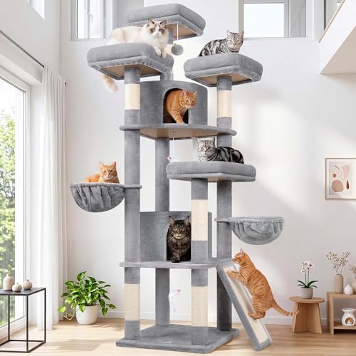 Globlazer 80in Heavy Duty Cat Tree for Large Cats, Multi-Level Cat Furniture Activity Center with 2 Condos, 2 Hammocks, 3 Perches & Sisal Scratching Posts, F80H,Light Gray - color: Light Gray, size: 80 Inch