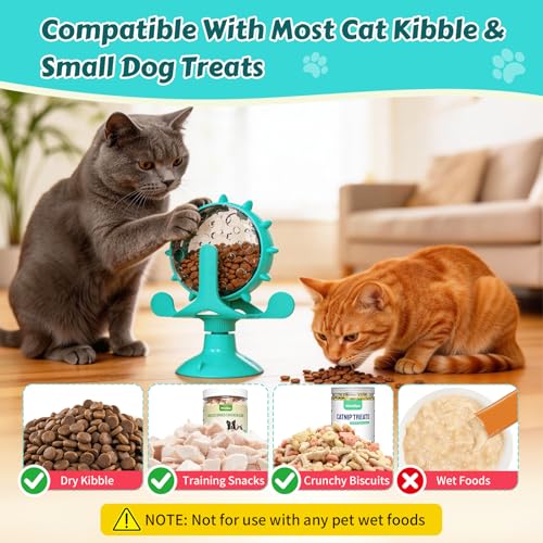 Cat Food Treat Dispenser Toy Interactive with 360°Rotating Windmill Suction Cup for Indoor Cats, Kittens & Small Dogs Slow Feeder Snack Exercise & Distribution Wheel Toy - color: Blue- Pinwheel, size: Pinwheel