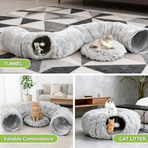 Cat Tunnel Bed for Indoor Cats, Plush Donut Tunnel with Washable Cushion