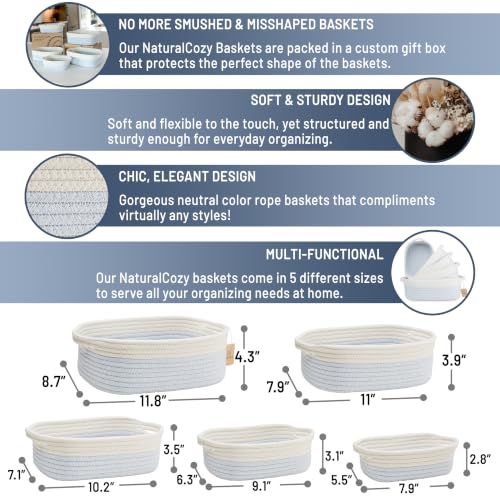 NaturalCozy 5-Piece Rectangle Storage Basket Set- Natural Cotton Rope Woven Baskets for Organizing! Small Basket for Montessori, Baby Nursery, Dog Toy Baskets, Cat Toy Box, Bathroom Organization Bin - color: Off White & Mixed Blue